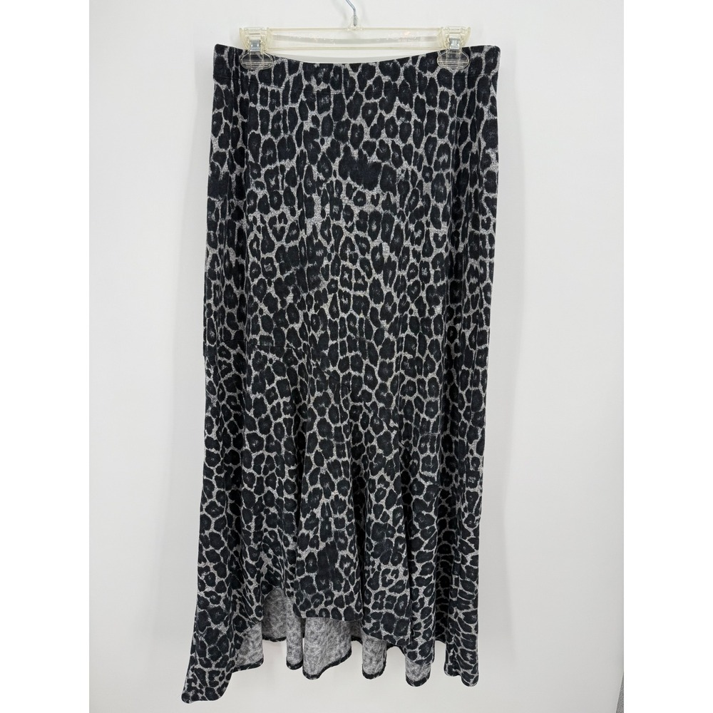 Chico's Skirt Women 1 Medium Gray Black Leopard Print High Low Midi Knit